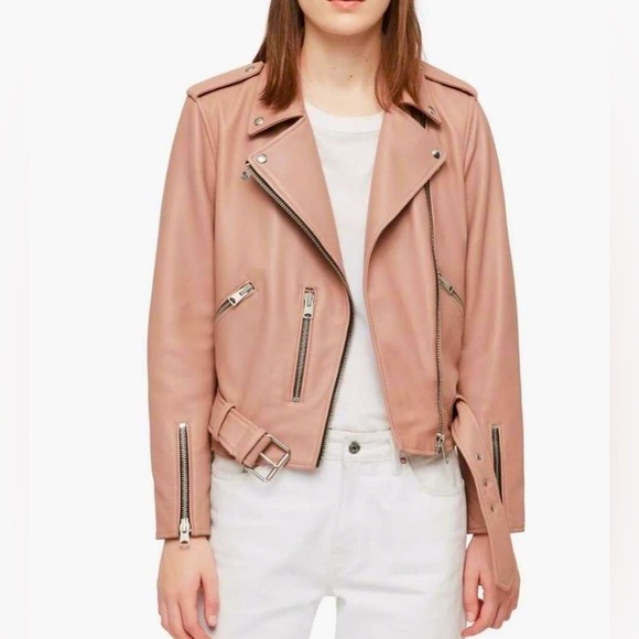 All Saints Nude Blush Leather Biker Jacket size 4 - Picture 1 of 6